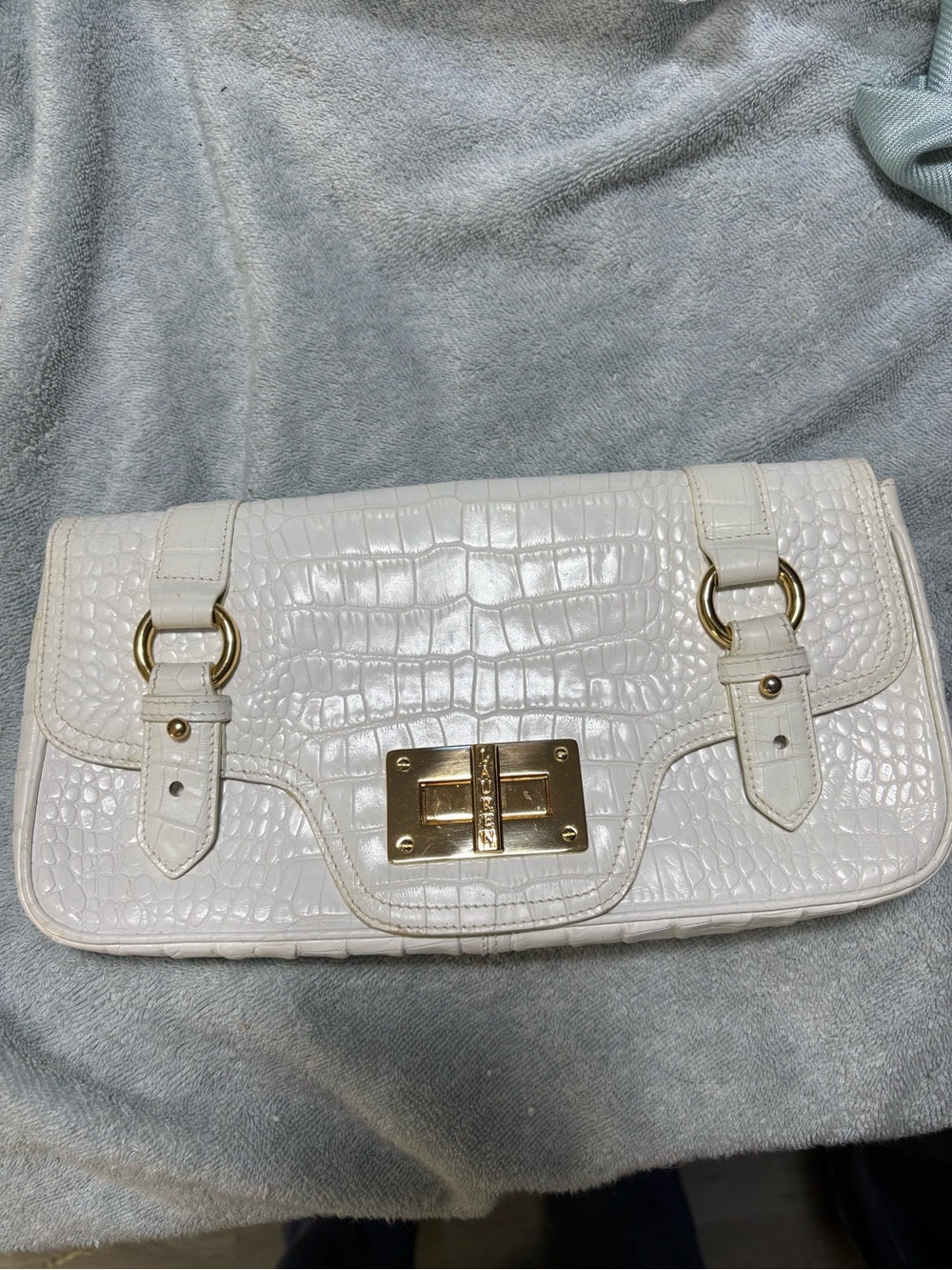 Lauren Ralph Lauren White Croc-Embossed Clutch with Gold Hardware (Read)